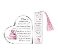 60ème Anniversaire Cadeau 60 ans Femmes Plaque Acrylique Marque-pages Ensemble de 2 Pièces Cœur Panneaux de Bureau Signet Maman Amies Personnalisé Joyeux Soixantième Mamie Tante Marraine