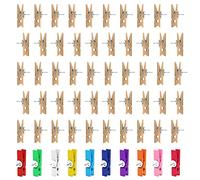 60pcs punaises avec Clips en Bois, 50pcs Clips de Couleur Bois, 10pcs Clips de Couleur avec punaises pour Mur d'affichage, Clous et Photos de Pince, adaptés au Bureau, à l'école, à la Maison