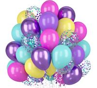 60Pcs Purple Pink Blue Yellow Latex Balloons Pink Blue Yellow With Confetti, Metallic Purple Balloons, Multicoloured Balloons For Decoration Birthday Wedding Party Arch Balloon Christening