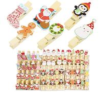 60Pièces Pinces Bois Noël avec Cordon Jute Mini Clips Photo Epingle à Linge pour Calendrier de l'Avent DIY Décoration de Noël