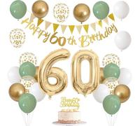 60th Birthday Decorations for Women Men, Banner with Cake Topper Number 18 Foil Balloon Sage Green White Gold Balloons for 18th Years Old Birthday Party Decoration
