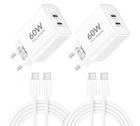 60W 2-Port Chargeur Rapide USB C+2M Câble pour iPhone 17 18 Pro Max 16 15 | USBC Chargeur, PD Adaptateur Type C, Prise Charge Secteur pour iPhone Duo 17e 16e Air Plus, iPad 10/11/A16 Generation, 2-Pack