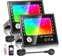 60W Projecteur RGB Exterieur,Projecteur LED Couleur 16 Millions De Couleurs avec Télécommande 2.4G et Bluetooth APP,Spot Extérieur IP66 Étanche pour Cour,Terrasse,Noël,Fêtes,2 Pièces