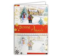 61-3011-1 Carte BONNE ANNÉE Rouge avec OR Doré qui brille Enfants Bonhomme de neige Flocons Village Sapins - Format 17x11,5cm avec Enveloppe