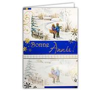 61-3011-2 Carte BONNE ANNÉE Bleue avec OR Doré qui brille Enfants Village sour la Neige Flocons Oiseau Rouge-gorge Sapins - Format 17x11,5cm avec Enveloppe