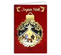 61-5817 Carte Joyeux Noël en Or Doré Brillant Scintillant avec Enveloppe Blanche Format 12x17,5cm - Boule Illustration Crèche Enfant Jésus Marie Joseph Moutons Âne Bœuf étoile Anges