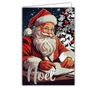 61-5830 Carte Joyeux Noël avec texte argenté et enveloppe blanche format 12x17,5cm - Père-Noël avec son bonnet à pompon en train d'écrire une lettre en réponse aux enfants sages - Fabriqué en France