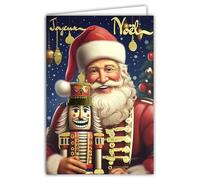 AFIE 61-5832 Carte Joyeux Noël avec texte Doré Brillant et enveloppe blanche format 12x17,5cm - Père-Noël tenant un casse-noisette soldat de bois - Fabriqué en France