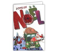 AFIE 61-5840 Carte Joyeux Noël Gros Texte Rouge Brillant et enveloppe blanche format 12x17,5cm - Voiture du Père-Noël avec sa hotte de cadeaux et un sapin Village avec une église - Fabriqué en France