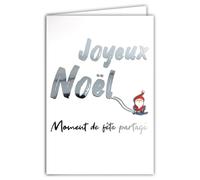 61-5841 Carte Joyeux Noël Moment de Fête Partagé Argenté Brillant et enveloppe blanche format 12x17,5cm - Petit Père-Noël qui fait du ski de fond dans la neige - Fabriqué en France