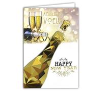 61-5849 Carte Bonne Année Meilleurs Vœux Bouteille et Flutes de Champagne Dorées Brillantes et enveloppe blanche format 12x17,5cm - Bulles de Bonheur à Partager - Fabriqué en France