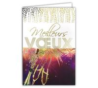 61-5850 Carte Bonne Année Meilleurs Vœux Bouteille et Flutes de Champagne Dorées Brillantes et enveloppe blanche format 12x17,5cm - Bulles de Bonheur à Partager - Fabriqué en France