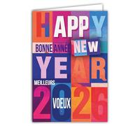 61-5853 Carte de Vœux HAPPY NEW YEAR 2026 Meilleurs Vœux Professionnels Entreprises Mots Bleus Brillants avec Enveloppe Blanche 12x17,5cm - Souhaits Réussite Succès Bonheur Chance - Fabriqué en France