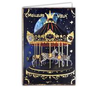61-5857 Carte Meilleurs Vœux Bonne Nouvelle Année + Enveloppe Blanche 12x17,5cm Manège en Or Doré Brillant Zèbres Animaux Afrique Des rêves plein la tête des étoiles plein les yeux -Fabriqué en France