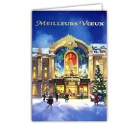 61-5859 Carte Meilleurs Vœux Joyeux Noël Bonne Année + Enveloppe Blanche 12x17,5cm Sapins devant un Grand Magasin de Luxe Art Déco Nouveau en Or Doré Brillant Courses de Noël - Fabriqué en France