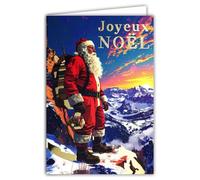61-5863 Carte Joyeux Noël Père Noël Randonneur Alpiniste - Couleur Brillante aléatoire Rouge ou Or Doré + Enveloppe Blanche 12x17,5cm - Haute Montagne en Hiver sous la Neige - Fabriqué en France