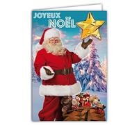 AFIE 61-6034 Carte Joyeux Noël avec Enveloppe et Collage EN RELIEF étoile en or doré brillant scintillant étincelant Photo du Père Noël Costume Rouge Barbe Hotte Cadeaux Jouets Peluches Animaux Forêt