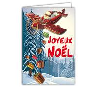 61-6035 Carte Joyeux Noël avec Enveloppe et Collage EN RELIEF Avion Rouge du Père Noël Aviateur en or doré brillant scintillant étincelant Cadeaux qui tombent du ciel dans la Neige Forêt Sapins