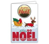 61-6129 Carte Vœux Chien Teckel Traineau Sapin Avec 1 Collage JOYEUX NOËL Brillant en Relief 3D +1 Enveloppe Blanche Format 12x17,5cm - Idée Cadeau étrennes Fêtes Fin d'Année - Fabriqué en France