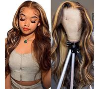 61 cm Perruque de cheveux humains ombrés avec dentelle frontale 4/27 avec mèches blond miel 33 x 10,2 cm HD transparent avec dentelle - Perruque pré-épilée pour femme - Densité de 150