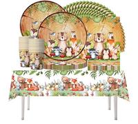 61 pcs wood grain forest animal party tableware, cute animal children's birthday tableware, party decorations, children's birthday supplies for 20 people