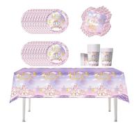 61 pièces de vaisselle de château de princesse,Vaisselle de table Purple Carriage,Vaisselle pour fêtes d'anniversaire d'enfants,Serviette Nappe Set de couverts,Disponible pour 20 personnes