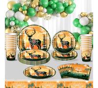 61 pièces de vaisselle de fête d'animaux, fête d'anniversaire d'enfant sur le thème de l'élan, comprend des assiettes en carton, des gobelets en carton, des nappes et des