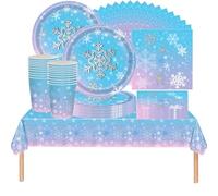 61 pièces de vaisselle de fête pour flocons de neige, vaisselle d'anniversaire pour enfants, décorations de fête sur le thème de Frozen, tasses, assiettes, nappes, serviettes, pour 20 personnes