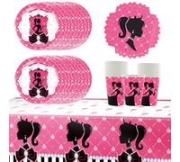 61 pièces de vaisselle pour poupées roses comprenant des tasses, des assiettes, des serviettes, des nappes pour les anniversaires d'enfants, les fêtes de garçons et de filles, lot de 20.