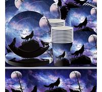 61 pièces Ensemble de vaisselle Dunkle Nacht Lonely Wolf Party, thème animalier, décoration violette mystérieuse, décoration d'anniversaire, nappe, couverts en papier, serviettes, carton, pour 20 invi