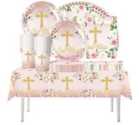61 pièces Ensemble de vaisselle pour communion à motif floral, articles pour fête de baptême de nouveau-né, fête de communion, tasses, assiettes, serviettes, nappe, pour 20 convives