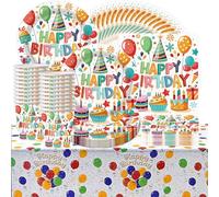 61 pièces Happy birthday colourful balloon dessert theme birthday party tableware, children's birthday party tableware, including cups, plates, tablecloths and napkins, for 20 people
