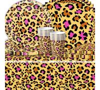 61 Pièces Leopard print party tableware,SANYUANHE Vaisselle de fête imprimé léopard tendance，Décoration d’anniversaire Cheetah，Pour 20 Personnes Fournitures Assiettes Nappe Gobelet Serviette