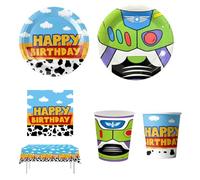 61 pièces Set de vaisselle sur le thème de « Toy Story », articles pour fêtes d'anniversaire, comprenant des gobelets, des assiettes, des serviettes en papier, une nappe et des accessoires de fête