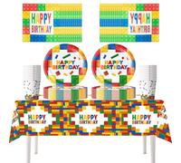 61 pièces Set de vaisselle sur le thème des blocs de construction pour fêtes d'anniversaire, fêtes d'anniversaire pour enfants, comprenant des gobelets, des assiettes, pour 20 personnes