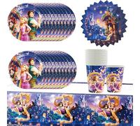 61 pièces Tangled vaisselle de fête d'anniversaire, Raiponce thème de la fête, comprend des tasses, des serviettes, des assiettes, nappes ; Convient pour les fêtes