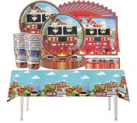 61 Set de vaisselle d'anniversaire de pompier, vaisselle de fête d'anniversaire pour enfants, décorations sur le thème du camion de pompier, tasses, assiettes, chiffons, nappes pour 20 personnes