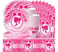 61Pcs couleur vaisselle de fête d'anniversaire, décoration de fête de princesse, set de vaisselle rose comprend des assiettes chiffons tasses nappe pour 20 personnes