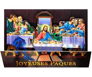 62-1011-A Carte DÉPLIANTE Pop-up 3D Joyeuses PÂQUES en Or Doré Brillant et Enveloppe Blanche - Jésus Christ cène dernier repas dîner Partage Pain Vin Apôtres Fête Printemps