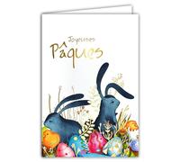 62-1025 Carte Joyeuses Pâques en Or Doré Brillant avec Enveloppe 12x17,5cm Illustration Lapins Poussin Chasse aux Œufs peints Fête Printemps Peinture Création Édition Impression Fabrication Française