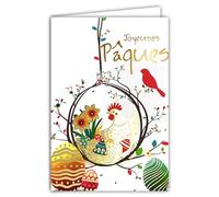 62-1027 Carte Joyeuses Pâques en Or Doré Brillant avec Enveloppe 12x17,5cm Illustration Poule qui couve des Œufs peints Nid Jonquilles Fête Printemps Création Édition Impression Fabrication Française