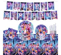 62 Pcs Anniversaire Vaisselle Kit Dem-0n Hun-ters, Hun-trix Fournitures de Fête, Décorations Anniversaire avec Assiettes Gobelets Serviettes Pailles Nappes Bannières pour Fans Enfants (Bleu)