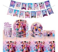 62 Pcs Hun-ters Anniversaire Vaisselle Kit, De-mon Hun-trix Décorations Anniversaire, Fournitures de Fête - Assiettes Gobelets Serviettes Nappes Bannières pour Fans Enfant (Rose)