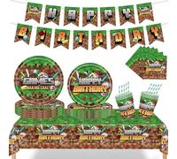 62 Pcs Jeux vidéo Anniversaire Vaisselle Kit, Miner Décorations Anniversaire, Miner Fournitures de Fête, Assiettes Gobelets Serviettes Pailles Nappes Bannières d'Anniversaire, Vaisselle de Fête