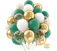 62 X Green Gold Birthday Balloons, White And Gold Balloons, Helium Retro Green Balloons, Green Balloon And Gold Confetti For Jungle Theme Party, Birthday Decoration, Wedding, Baby Shower
