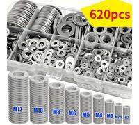 620 pièces Jeu de rondelles plates avec boîte - Cales d'espacement durables, finition de surface polie, taille M2-M12, convient pour le serrage de boulons et de vis, maintenance industrielle et usage 