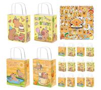62PCS Capybara Sac Cadeau Avec Poignée En Papier Kraft Capybara Autocollants Imperméables avec Cartoon Animaux Sac de Bonbon Fournitures de Fête Anniversaire Decoration