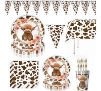 62PCS Ensemble de Vaisselle de Fête de Ferme de Highland Cow,Vache Highland Kit Vaisselles Enfants Anniversaire Assiette Dîner Papier Tasse couverts, Party Fête Decoration 10 Invités