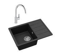 62x44 cm évier avec égouttoir réversible en Granite, à encastrer, noir + mitigeur lavabo/cuisine Grohe StartEdge (SATSE2BG313)