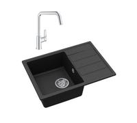 62x44 cm évier avec égouttoir réversible en Granite, à encastrer, noir + mitigeur lavabo/cuisine Grohe Start (SATSE2BG304)